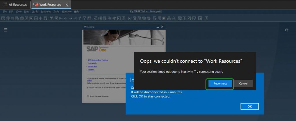 Thông báo timed out trên phiên đăng nhập SAP B1 Cloud