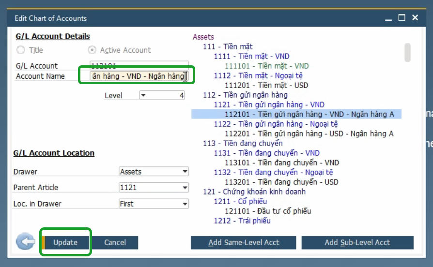 Update G/L account