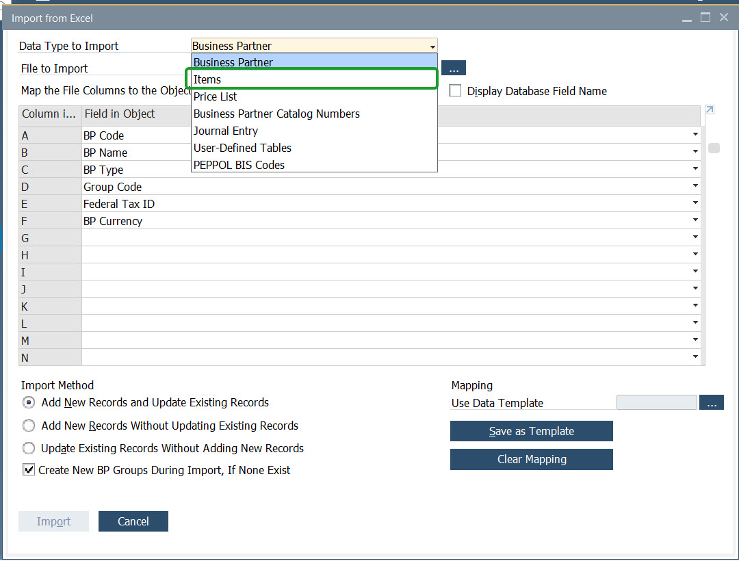 hướng dẫn sử dụng tính năng import from Excel cho danh mục hàng hóa/vật tư (Item Master Data).