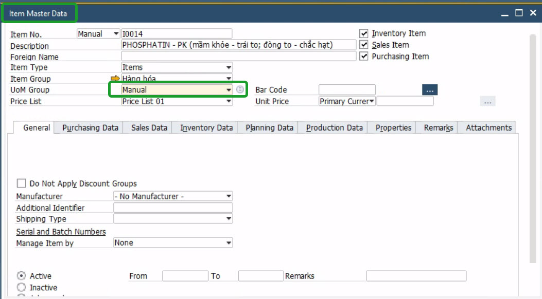 UPdate manual UoM Group on header Item Master Data